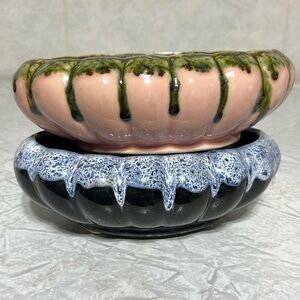 Set of 2 vintage drip glaze oval planters pink/ green  and blue/black